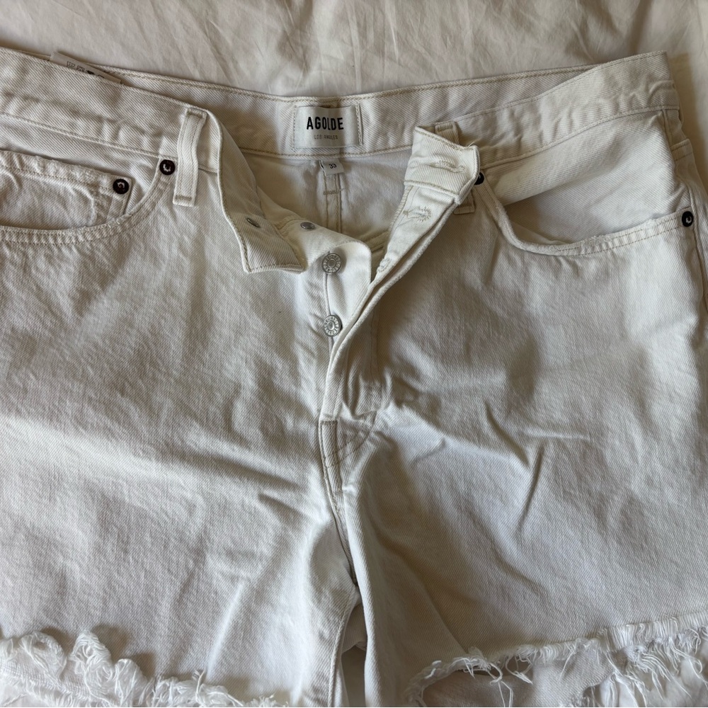 AGOLDE Parker Long Shorts in Panna Cotta - White Distressed Summer Jean Shorts